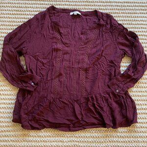 Loft Womens Split Neck Embroidered Blouse Long Sleeve Size 20 Burgundy